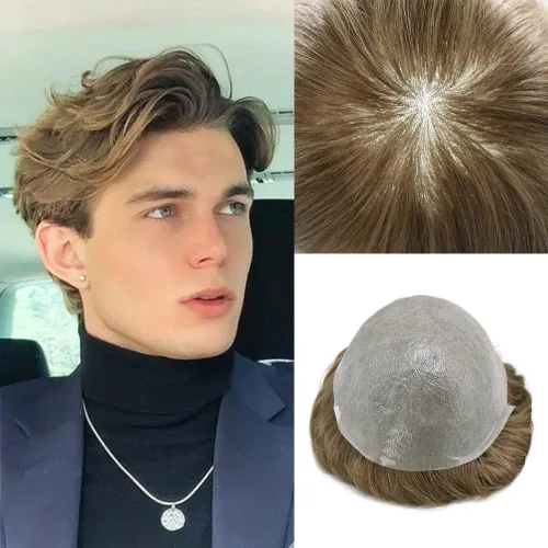 Vista 20 de Toupee para hombres piel fina 0.001 in Toupee V-looped Remy sistema de cabello humano pu mens hairpieces línea capilar invisible para pérdida