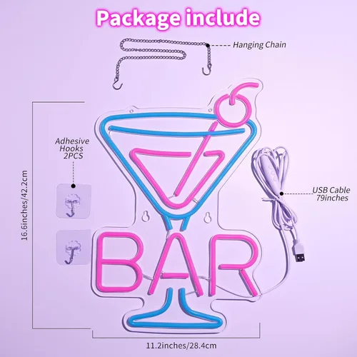 Vista 6 de Letrero de neón para bar de cócteles – Luz de barra LED de vidrio de Martini, arte de pared retro para el hogar, decoración de bar regulable