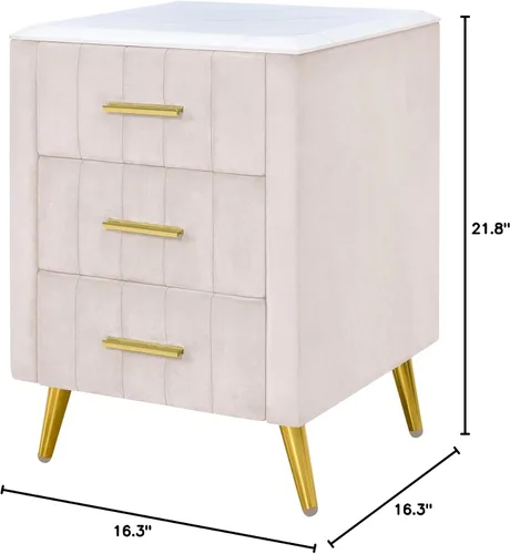 Vista 2 de Mesita de noche de terciopelo SOFTSEA con 3 cajones, mesita de noche tapizada con tapa de mármol sintético, mueble de mesa auxiliar, mesita de noche