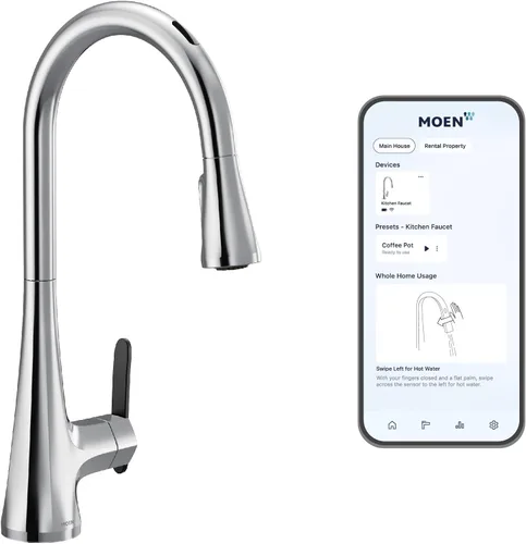 Vista 41 de Moen Sinema grifo de cocina desplegable de acero inoxidable con aumento de potencia y sistema retráctil, llave de cocina moderna de arco alto, fácil
