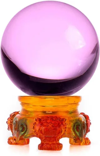 Vista 22 de Amlong Crystal - Bola de cristal ámbar de 3 pulgadas (80 mm) con base de resina de león arcoíris y caja de regalo para bola decorativa, fotografía
