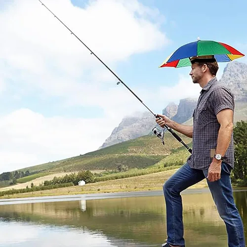 Vista 9 de Sombrero de paraguas para adultos y niños, protección contra la lluvia y el sol manos libres, diseño colorido de arco iris para pesca, senderismo