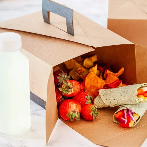 Vista 3 de Restaurantware Cater Tek - Cajas de alimentos de 9 x 7 x 3 pulgadas, 100 recipientes de alimentos resistentes a la grasa para llevar, con asa, papel