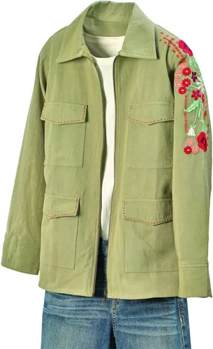 Vista 2 de FLORIANA Chaqueta de utilidad bordada floral para mujer, chaqueta de campo con bolsillos