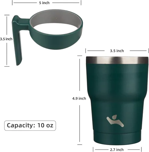 Vista 4 de Konokyo - Vaso de 10 onzas con asa y 2 popotes, 2 tapas, botella de agua aislada de acero inoxidable, taza de viaje reutilizable, color verde militar