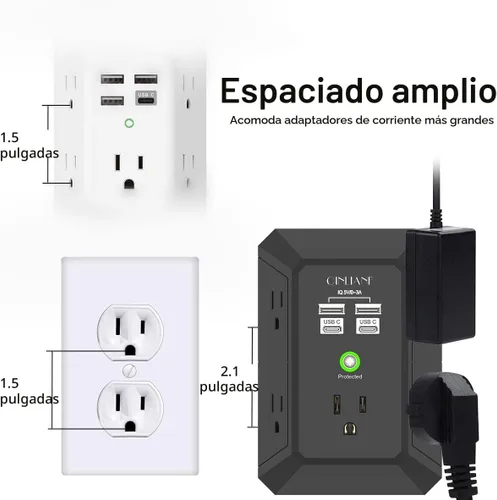 Vista 5 de QINLIANF cargador USB de pared, protector contra sobrecargas, extensor de 5 tomas con 4 puertos de carga USB (4.8 A en total), 3 lados, 1,680 J