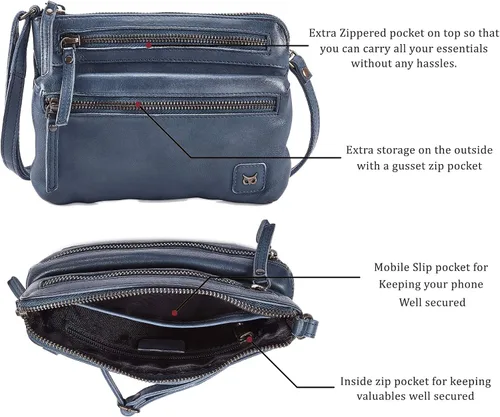 Vista 3 de Wise Owl Accessories Bolso cruzado pequeño de cuero real con triple cremallera para mujer, bolso cruzado vintage de primera calidad