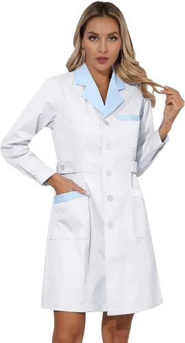 Vista 2 de Yeahdor Abrigo de laboratorio profesional para mujer, solapa, manga larga, médico, enfermera, uniforme de estudiante, ropa de trabajo