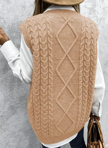 Vista 3 de NALANISA Suéter sin mangas con cuello en V para mujer, de gran tamaño, casual, holgado, de punto trenzado, sin botones, para otoño e invierno