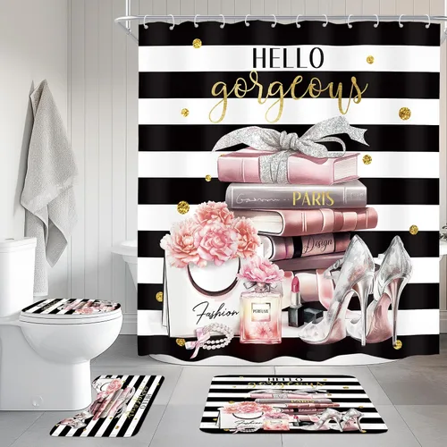 Vista 17 de Juego de cortina de ducha de baño de 4 piezas de perfume de libros de moda A1-rosa Negro Blanco