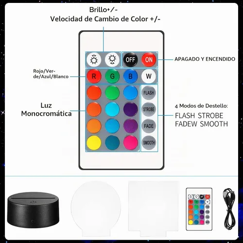 Vista 4 de Honoson 4 Piezas Bases de Lámpara LED Nocturna 3D con 4 Piezas Láminas de Acrílico Transparente Control Remoto Cable USB Ajustable 16 Colores 4