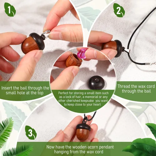 Vista 6 de Sasylvia Dijes de bellota de madera con tuerca y bellota con cordón de collar encerado negro y cierre de pinza de langosta para accesorios