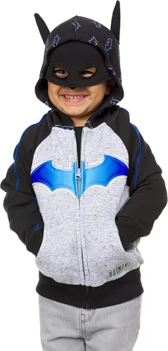 Vista 4 de BATMAN Sudadera con capucha con cremallera, máscara facial con superhéroe integrado, para niños