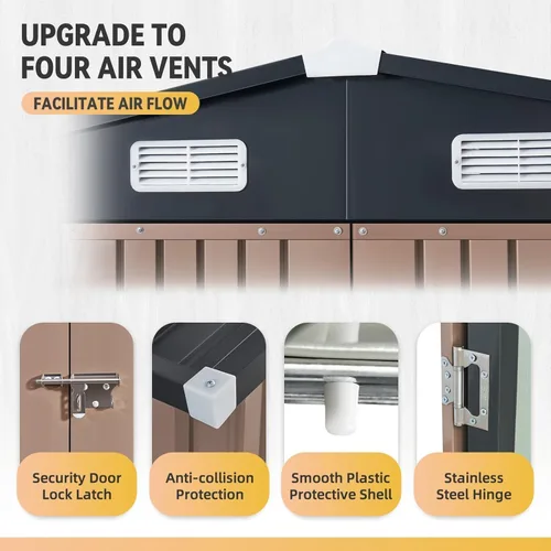 Vista 4 de Aoxun Cobertizo de 6 x 4 pies con piso de acero galvanizado resistente al aire libre con puertas dobles, diseño ventilado resistente a la intemperie