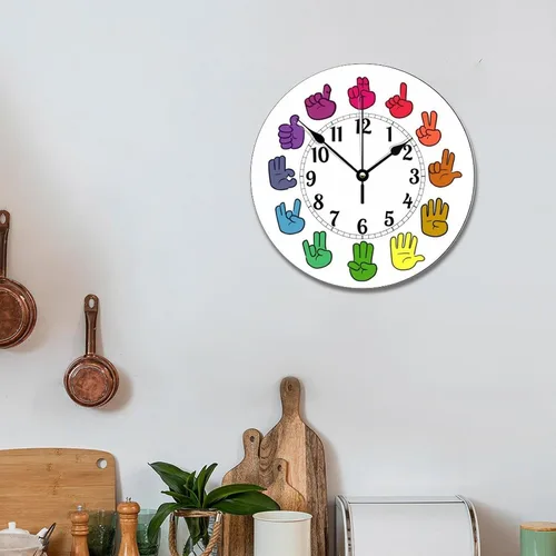 Vista 6 de Reloj de pared de madera arcoíris con lenguaje de señas, moderno, funciona con pilas, silencioso, sin tictac, relojes de pared decorativos