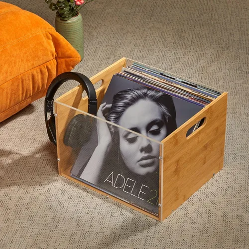Vista 7 de Caja de almacenamiento para álbumes de discos, caja de discos de vinilo de bambú y acrílico, caja multifuncional con soporte visible para discos