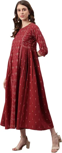 Vista 4 de Janasya - Vestido étnico flexible de algodón granate para mujer