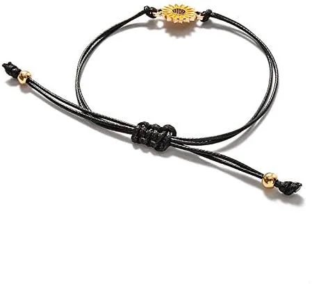 Vista 6 de Pulseras de girasol de moda para hombres y mujeres, hechas a mano, trenzadas con cuerda negra, dije de amistad, tarjeta de deseos, surf, joyería