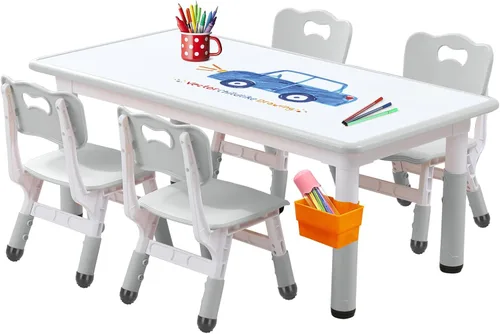 Vista 9 de Juego de mesa y silla para niños, juego de mesa y sillas para niños, altura ajustable, patas y organizador de mesa antideslizantes, escritorio