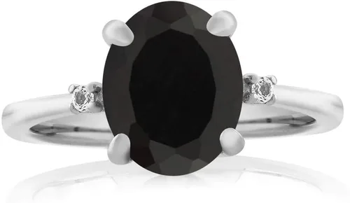 Vista 2 de Gem Stone King Anillo de compromiso de plata de ley 925 con ónix negro y diamante blanco para mujer