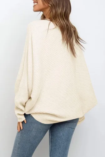 Vista 3 de Mafulus - Suéter grande para mujer, de manga larga tipo murciélago, cuello redondo, holgado, sin botones