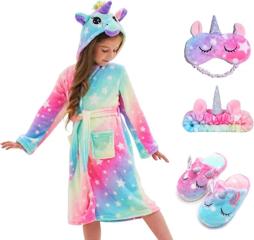 Vista 7 de CHETOSHO Bata suave con capucha de unicornio y pantuflas a juego, diadema y venda para los ojos para niñas Estrellas azul/rosa