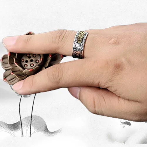 Vista 5 de PEKWASY 2 anillos de Feng Shui con mantra Pixiu, anillo ajustable de Feng Shui de La Buena Suerte para hombres y mujeres, anillo de amuleto budista