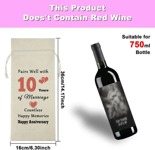 Vista 2 de Gfhzdmf Regalo de boda de 10º aniversario para esposa, marido, bolsa de vino, regalo de matrimonio de 10 años para mujeres y hombres, bolsa