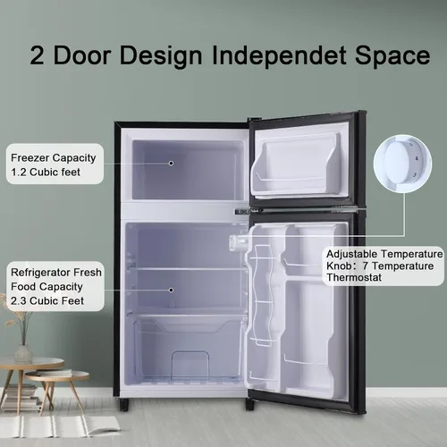 Vista 3 de WANAI Refrigerador compacto de 3.5 pies cúbicos de doble puerta con congelador, refrigerador pequeño con 7 modos TEMP, ahorro de energía, bajo ruido
