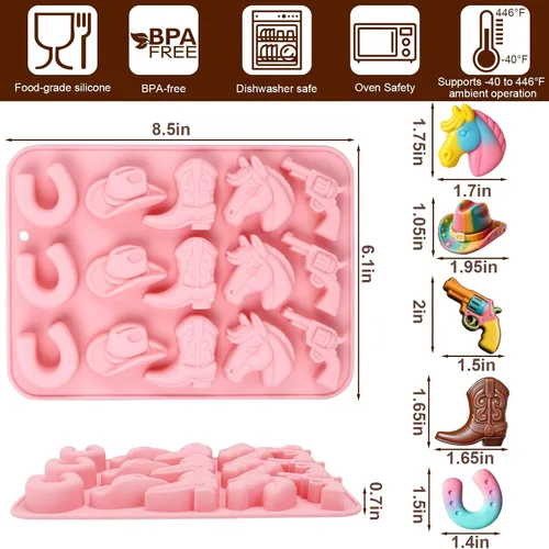 Vista 2 de Palksky Moldes de chocolate de vaquero, paquete de 2 moldes de silicona con temática occidental para hornear con botas de caballo de vaquero, 4