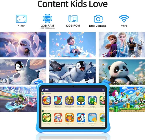 Vista 5 de PRITOM Tablet infantil de 7 pulgadas con cordón, tableta Android 13 de 32 GB con WiFi, cámara dual, educación, juegos, software para niños Azul