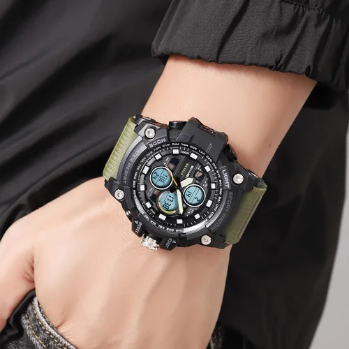 Vista 5 de Reloj analógico de cuarzo para hombre con doble pantalla y alarma digital con iluminación LED