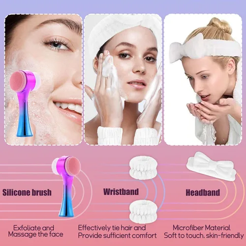 Vista 3 de Cepillo de limpieza facial 2 en 1 cepillo de limpieza facial de doble cara con cerdas suaves para exfoliación profunda de poros, maquillaje