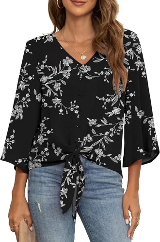 Vista 30 de VIISHOW Blusas de verano para mujer, con botones, cuello en V, de gasa, mangas acampanadas de 3/4, con nudo, casuales 01 Blanco