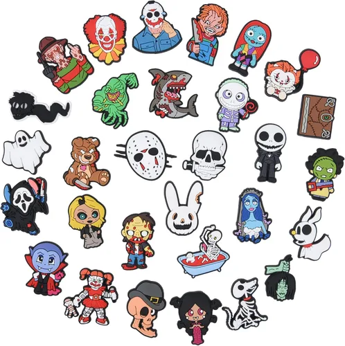 Vista 2 de XQNB Dijes de PVC para zapatos, película de terror, accesorios de decoración de zapatos de Halloween, accesorios para niños, niñas, niños y adultos