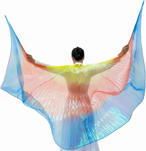Vista 2 de Wuchieal Disfraz de danza del vientre de 2 palos y coak de ángel para mujer 0#amarillo-rojo-azul