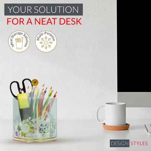 Vista 4 de Papyrus - Soporte acrílico para bolígrafo para escritorio, organizador giratorio verde aguamarina con impresiones florales de doble cara