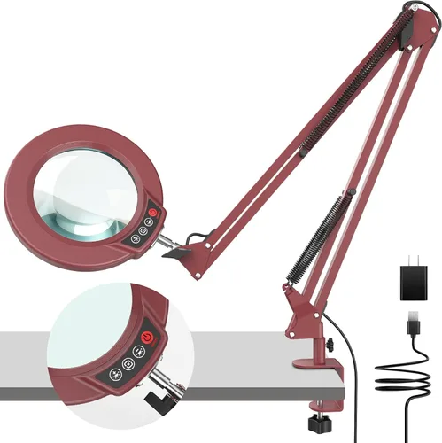 Vista 10 de Coyeth lupa de 10 aumentos con luz y abrazadera, lupa iluminada con soporte de vidrio real, lámpara de escritorio LED regulable sin escalones con 5