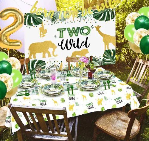 Vista 7 de Dos decoraciones de cumpleaños salvajes, artículos para fiestas temáticas de selva de safari incluyen pancarta, telón de fondo, platos, vasos
