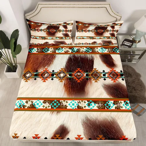 Vista 31 de Juego de ropa de cama de estilo bohemio occidental, tamaño individual, diseño de vaca atrapasueños, sábana bajera ajustable del suroeste, tribu