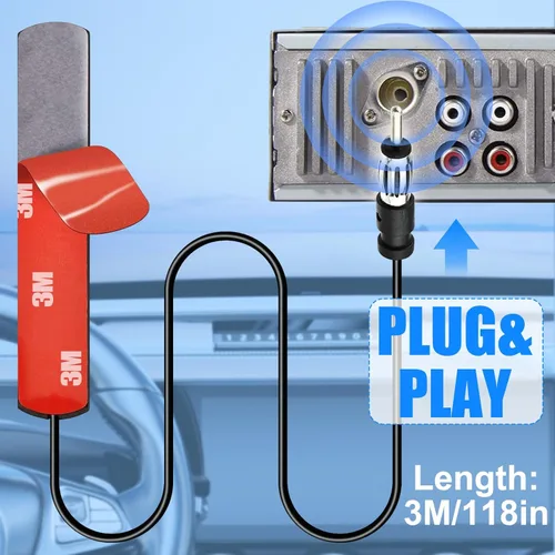 Vista 3 de Antena de radio universal para automóvil, AM FM, antena de parche de montaje adhesivo para parabrisas oculto con cable y conector de enchufe DIN