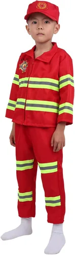 Vista 3 de ranrann Trajes de bombero para niños y niñas juego de rol reflectante cierre de cremallera chaqueta y pantalones conjunto de sombrero