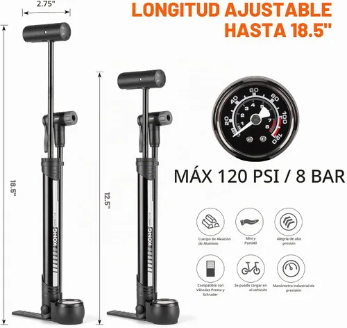 Vista 4 de Bomba de bicicleta con medidor PSI, bomba portátil para neumáticos de bicicleta, bomba de aire de bicicleta de 120 PSI para válvulas Presta y Gris