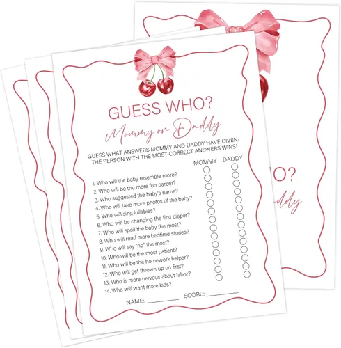 Vista 7 de Cherry Baby Shower - Juego de bingo para 30 invitados con tarjetas de juego, revelación de género, suministros y decoraciones para baby shower (DV35)
