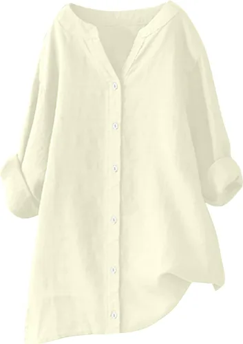Vista 7 de Camisas de algodón y lino con botones para mujer, cuello en V, manga larga, blusas elegantes y casuales