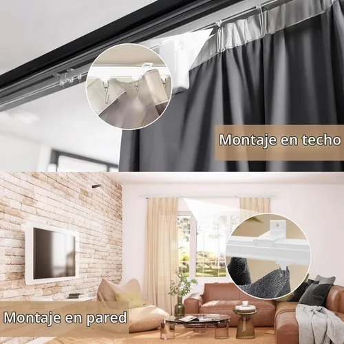 Vista 3 de MLOQI Rieles para cortinas de montaje en techo y pared con tiras insonorizadas, sistema de rieles para cortinas, riel de techo blanco para cortinas