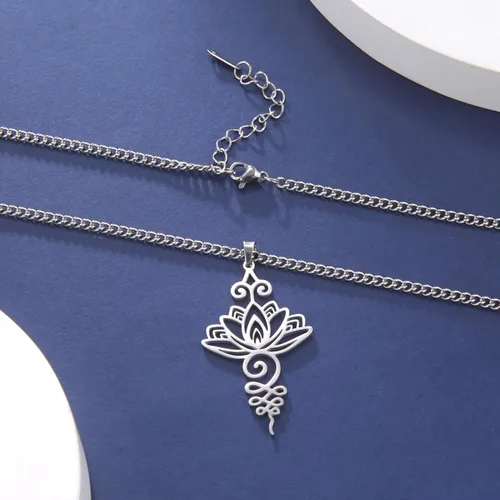 Vista 6 de kkjoy Collar de loto Unalome de acero inoxidable, flor de loto, símbolo de yoga, aretes inspiradores de budismo, joyería para mujer