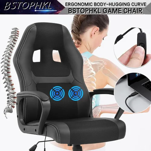 Vista 3 de Silla para videojuegos, silla de oficina de masaje, sillas ergonómicas de videojuegos, silla reclinable ajustable para computadora con soporte Negro