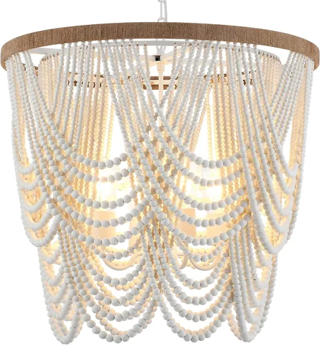 Vista 12 de candelabro rústico de 4 luces con cuentas de madera y borlas estilo Bohemia, luz colgante rústica antigua para dormitorio, isla de cocina, comedor