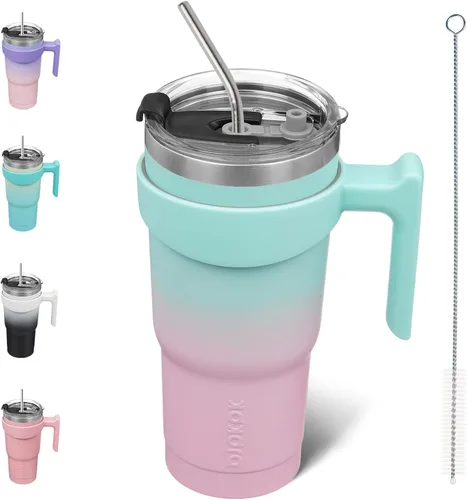 Vista 67 de BJPKPK Mini vaso de 10 onzas con tapa, popote y asa, taza de acero aislada